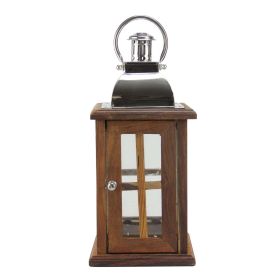 18" Modern Sheesham Wood Candle Lantern with Silver Metal Handle