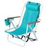 Folding Beach Chair, 4 Position Portable Backpack Foldable Camping Chair with Headrest Cup Holder and Wooden Armrests, Green